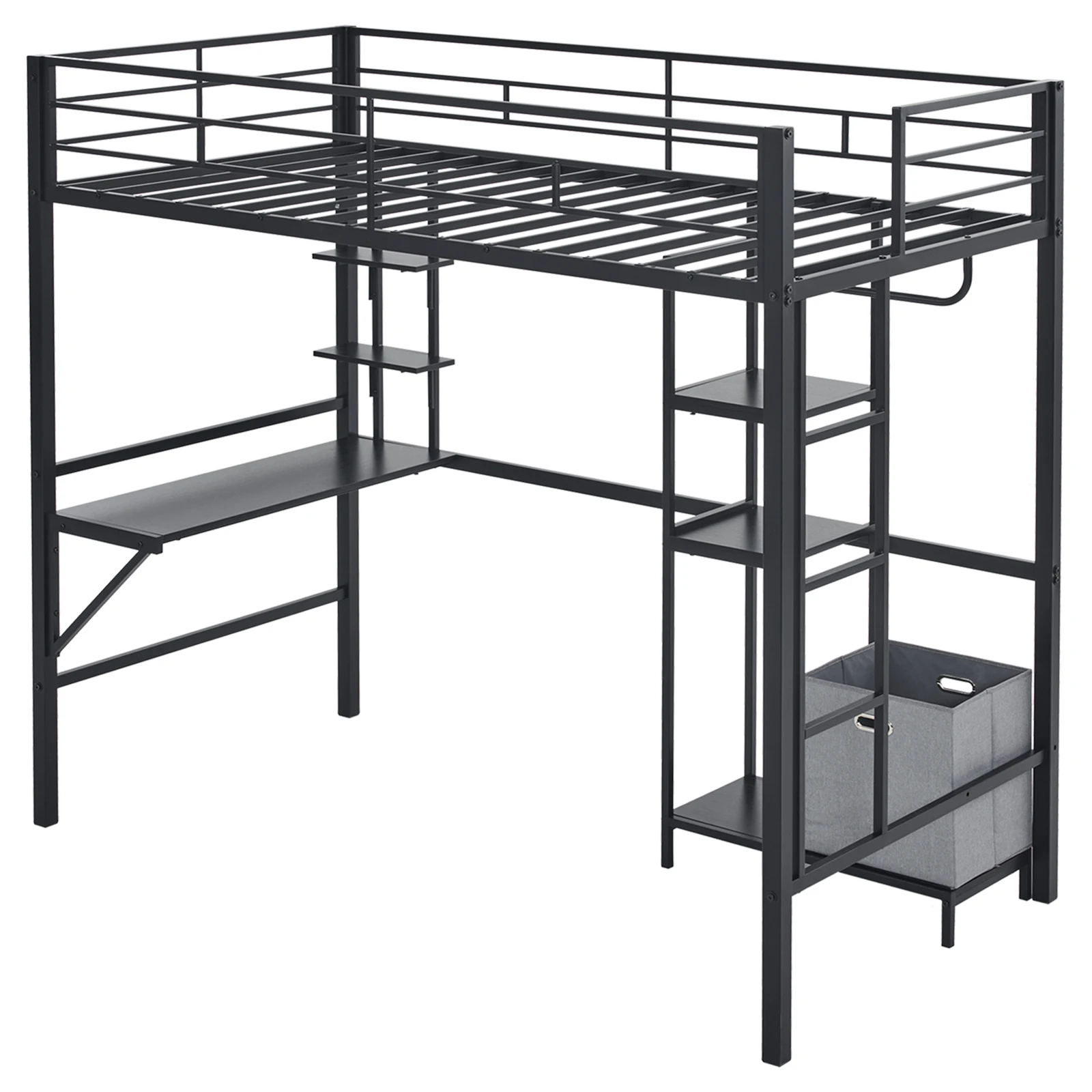 Disassembly and assembly of square tube elevated bed twin black iron bed with table on both sides of the shelf