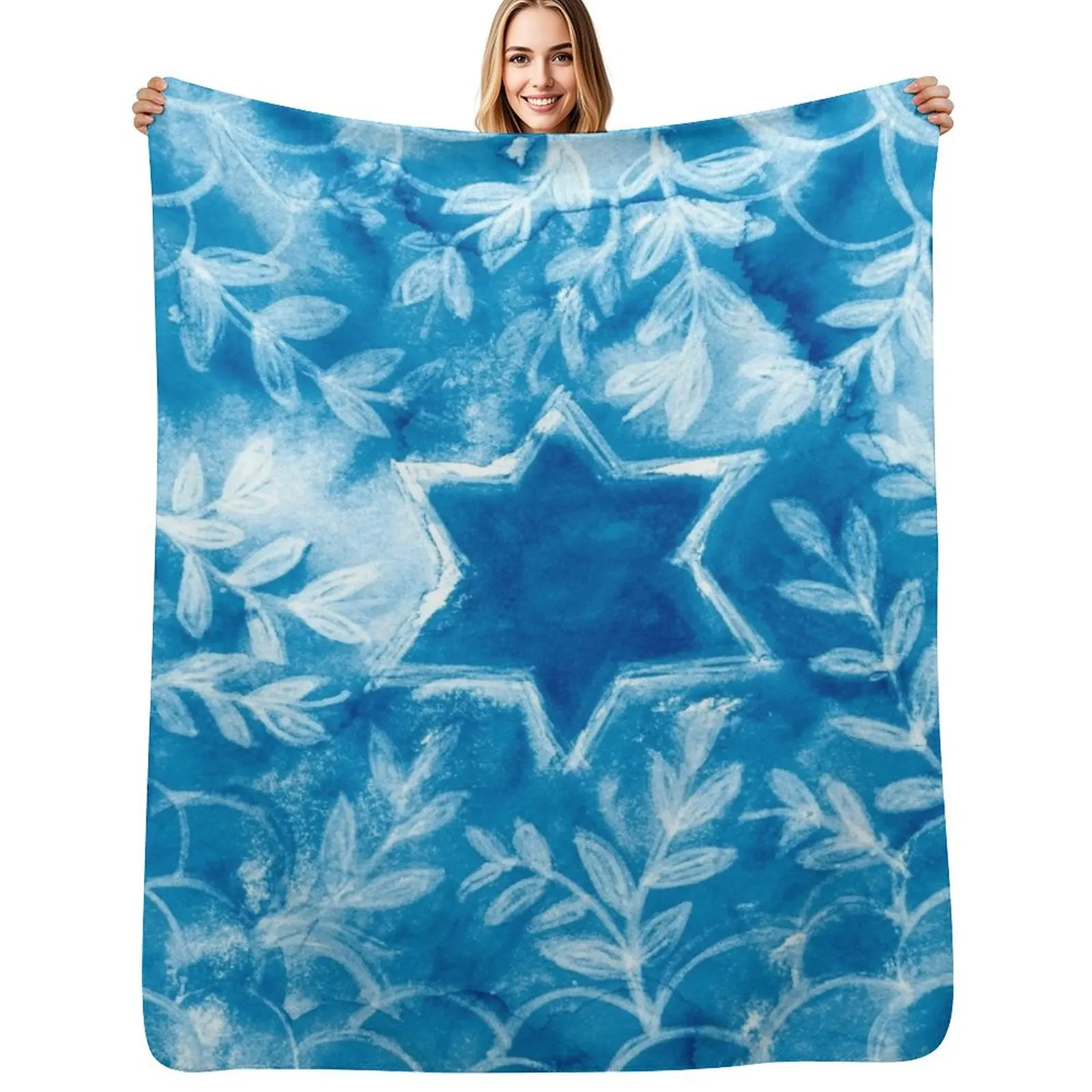 

Hanukkah Star, Round in Blue Watercolor with Floral White Ink Throw Blanket All Season Soft Lightweight Blanket for Home