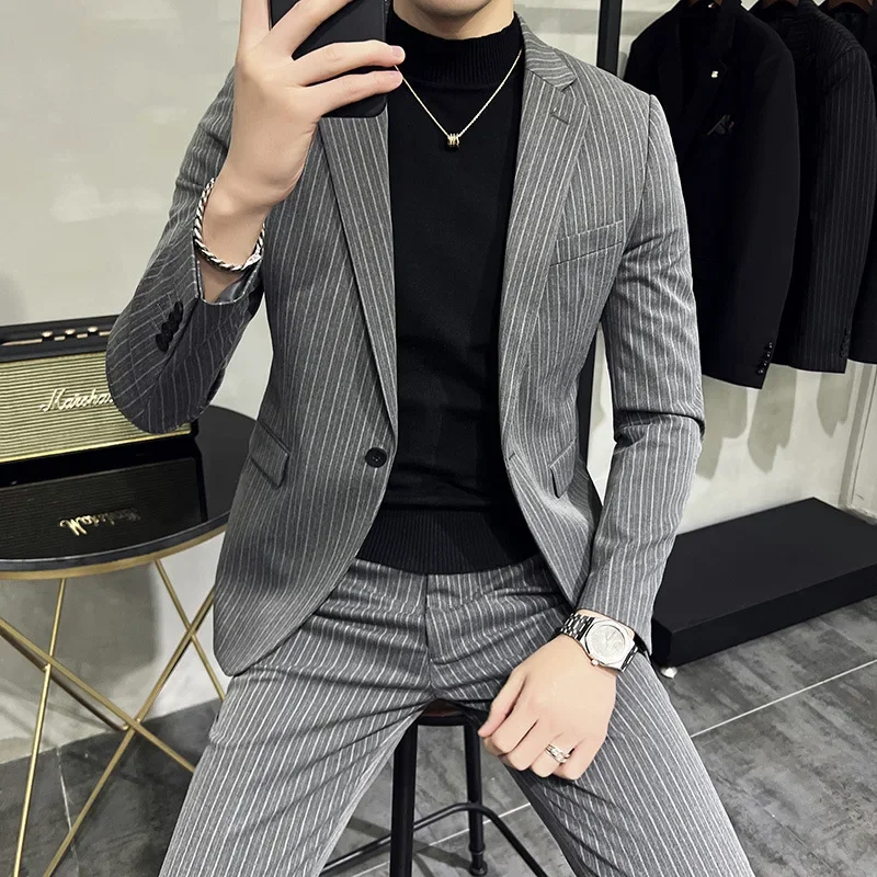 

High Quality Striped Suits 2 Piece (Jacket Pants) Suits for Men Casual Business Office Prom Wedding Groom Blazer Trousers M-5XL