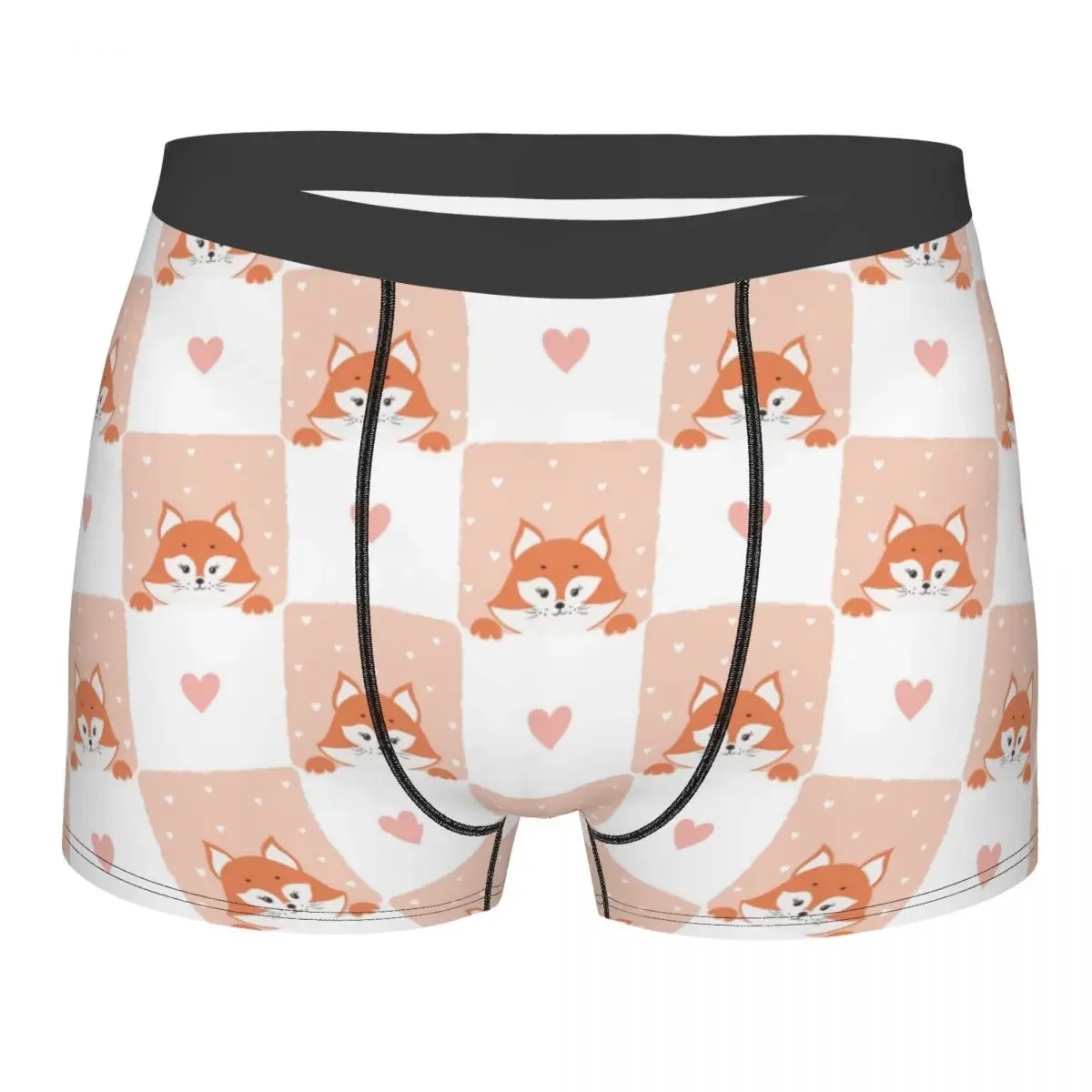 Men Cute Fox Checked Pattern Underwear Cartoon Animal Boxer Briefs Shorts Panties Homme Mid Waist Underpants Plus Size