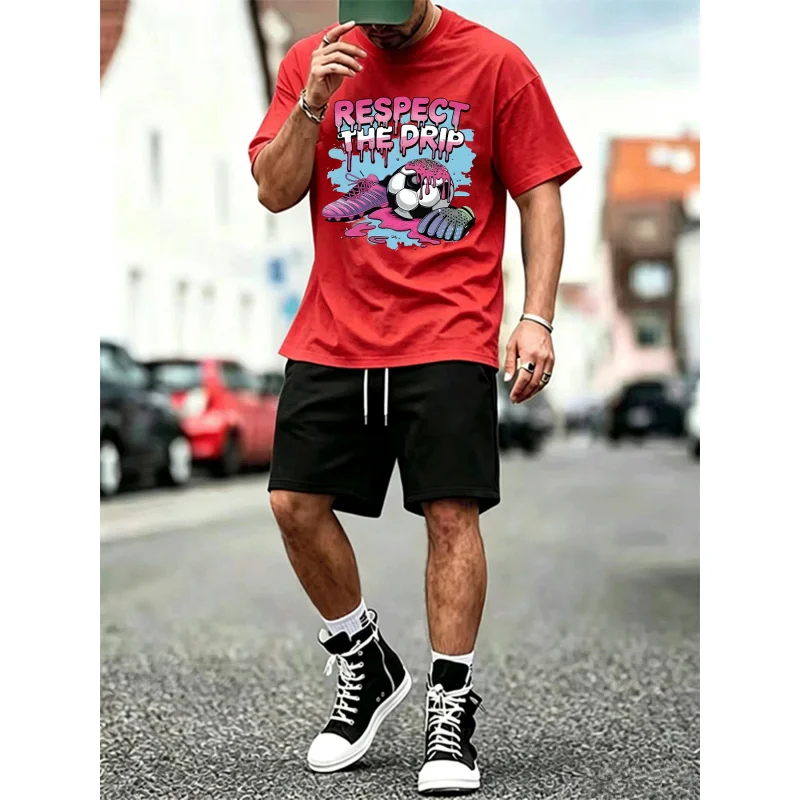 

Men's Summer Football Graffiti Printed Top+Drawstring Shorts Mesh Set Casual Trendy Two Piece Set