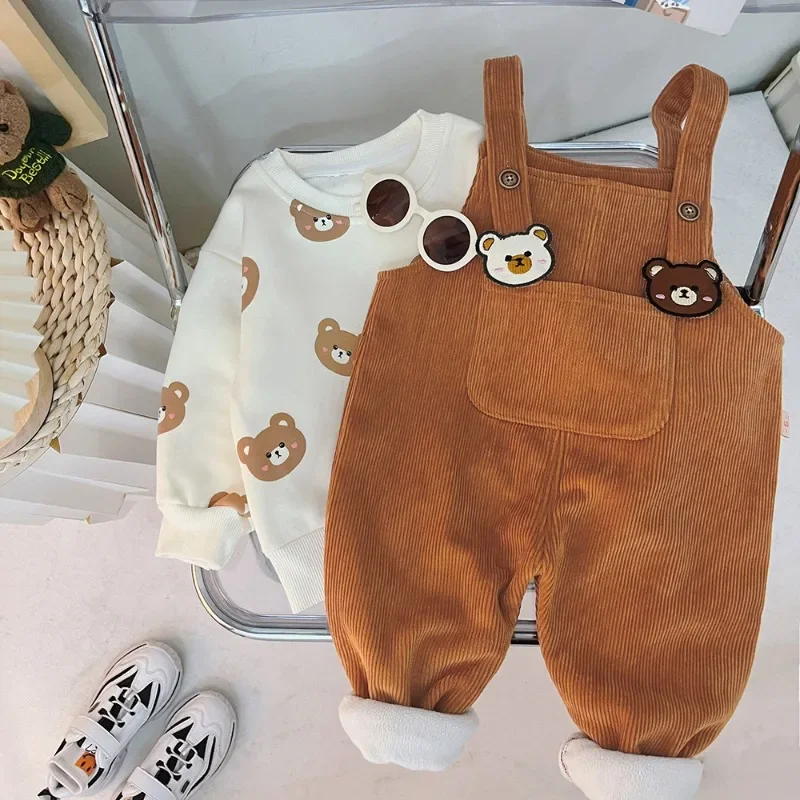 Autumn Winter Girl Clothing Set Cute Cartoon Strap Pants+Hoodies 2pcs Suit Plush Warm Princess Clothes Fashion Baby Girl Clothes