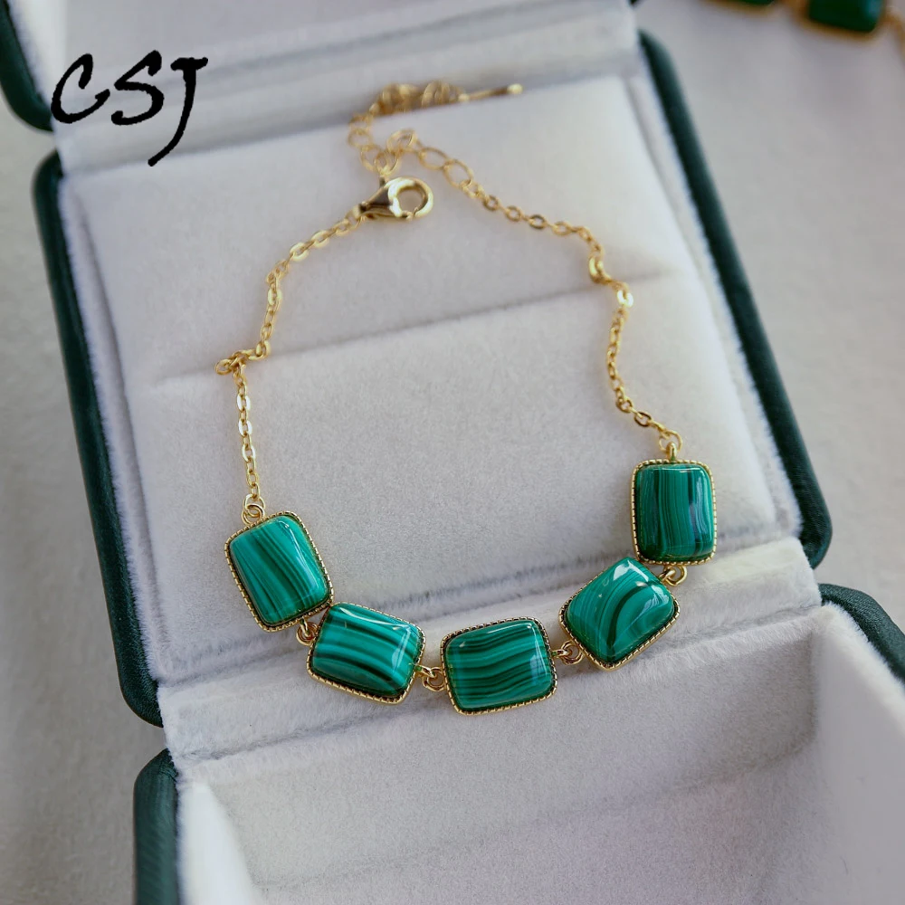 

Real Natural Malachite Bracelet 925 Sterling Silver Setting Gemstone6*9mm 18K Gold Bangle for Women Party Jewelry Gift