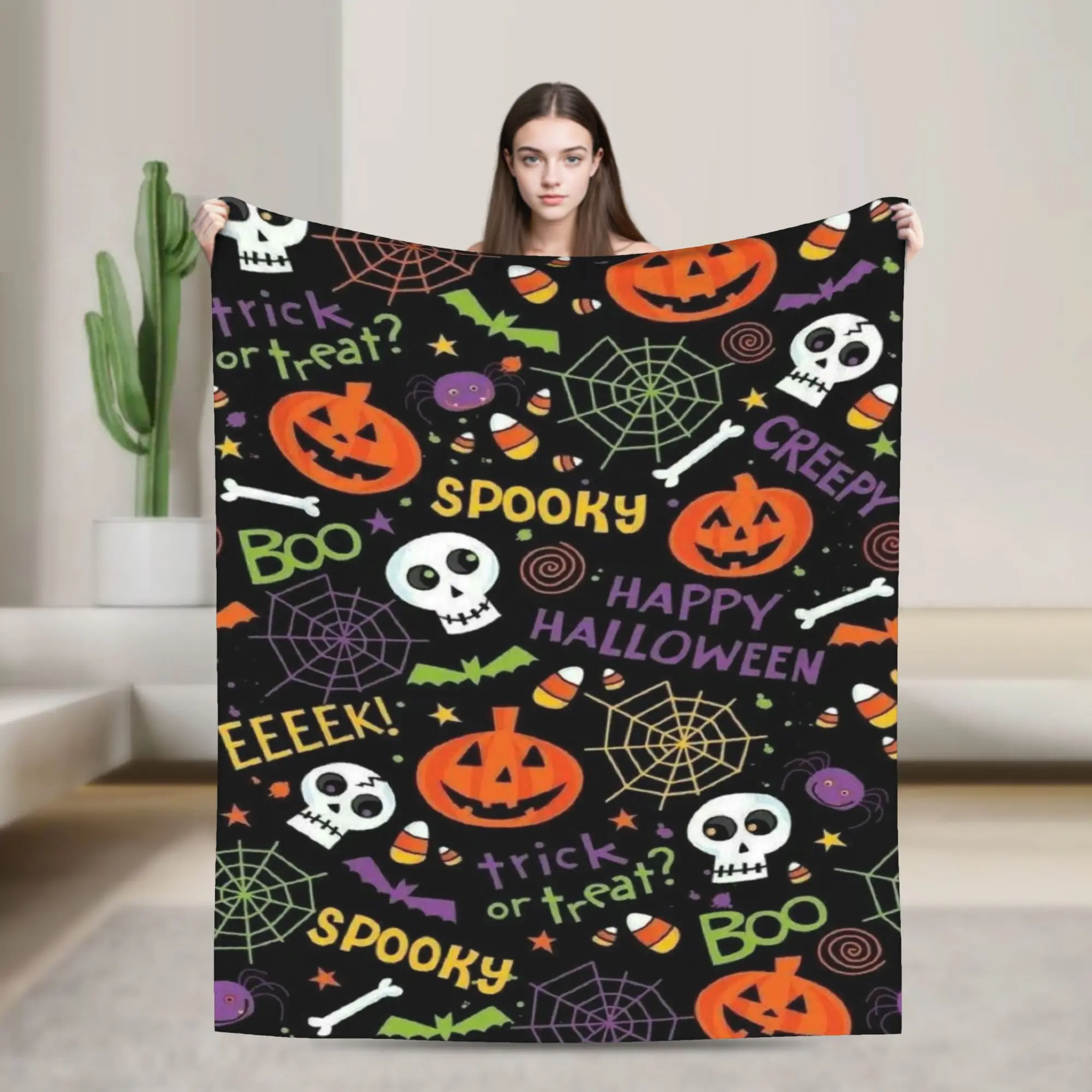 Halloween Ghost Pumpkin Spooky Trick Or Treat Witch Blanket Lightweight Throw Blankets Plush Thin Quilt