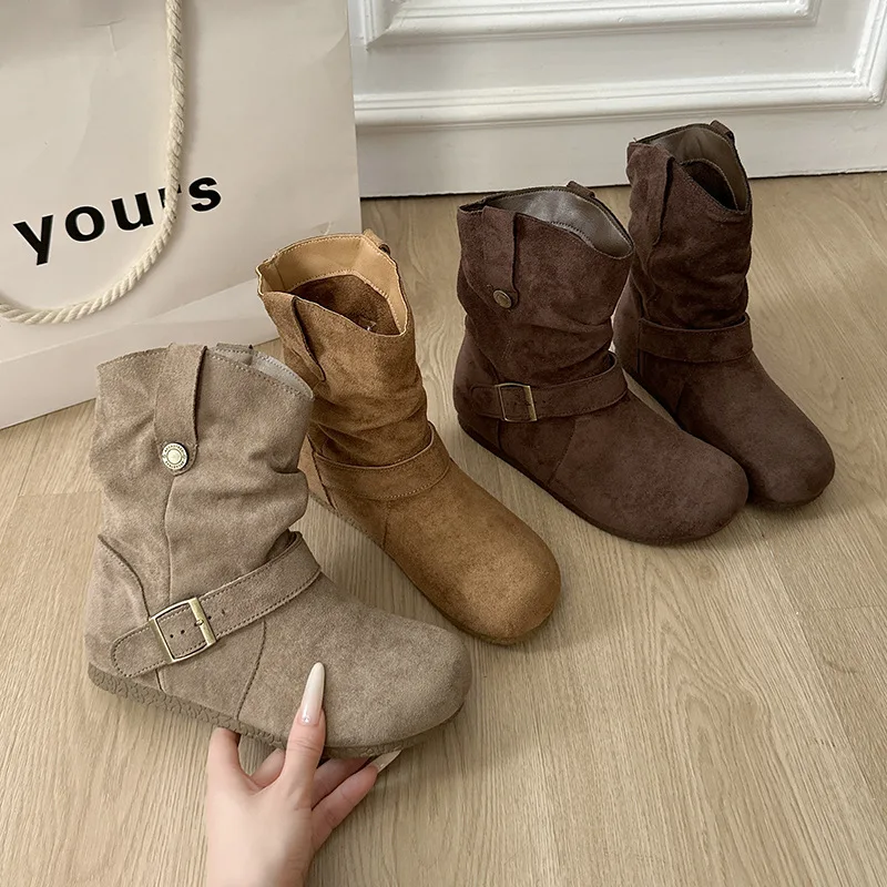 

Suede Boken Short Boots for Women 2025 New Autumn Western Cowboy Boots Folded Stacked Boots