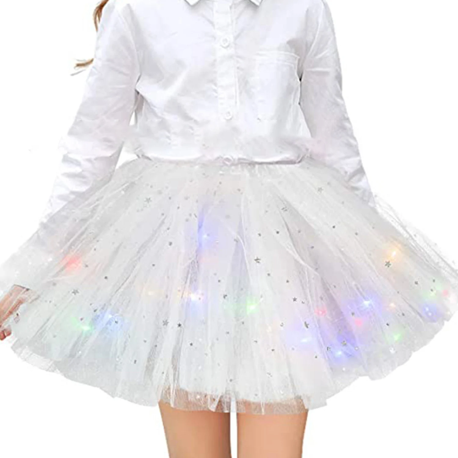 Saia de estrela de tule brilhante LED para mulheres, tutu curto, mini saia extravagante ballet dancewear, traje de festa, vestido de baile