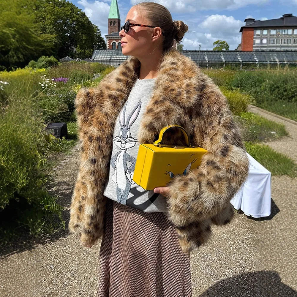 Manteau en fourrure Plu pour jeunes femmes, imprimé léopard, Vintage, automne hiver, vêtements d'extérieur décontractés, coupe ample