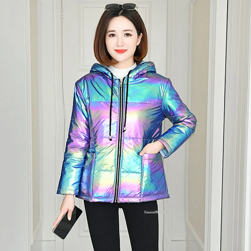 Rainbow Glossy 5XL Down Cotton Parkas Winter Jacket Women Hooded Zipper Pockets Female Waterproof Coat 2023 New