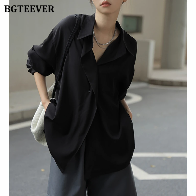 BGTEEVER Casual Turn-down Collar Ladies White Shirts Autumn Fashion Long Sleeve Loose Female Blouses Tops