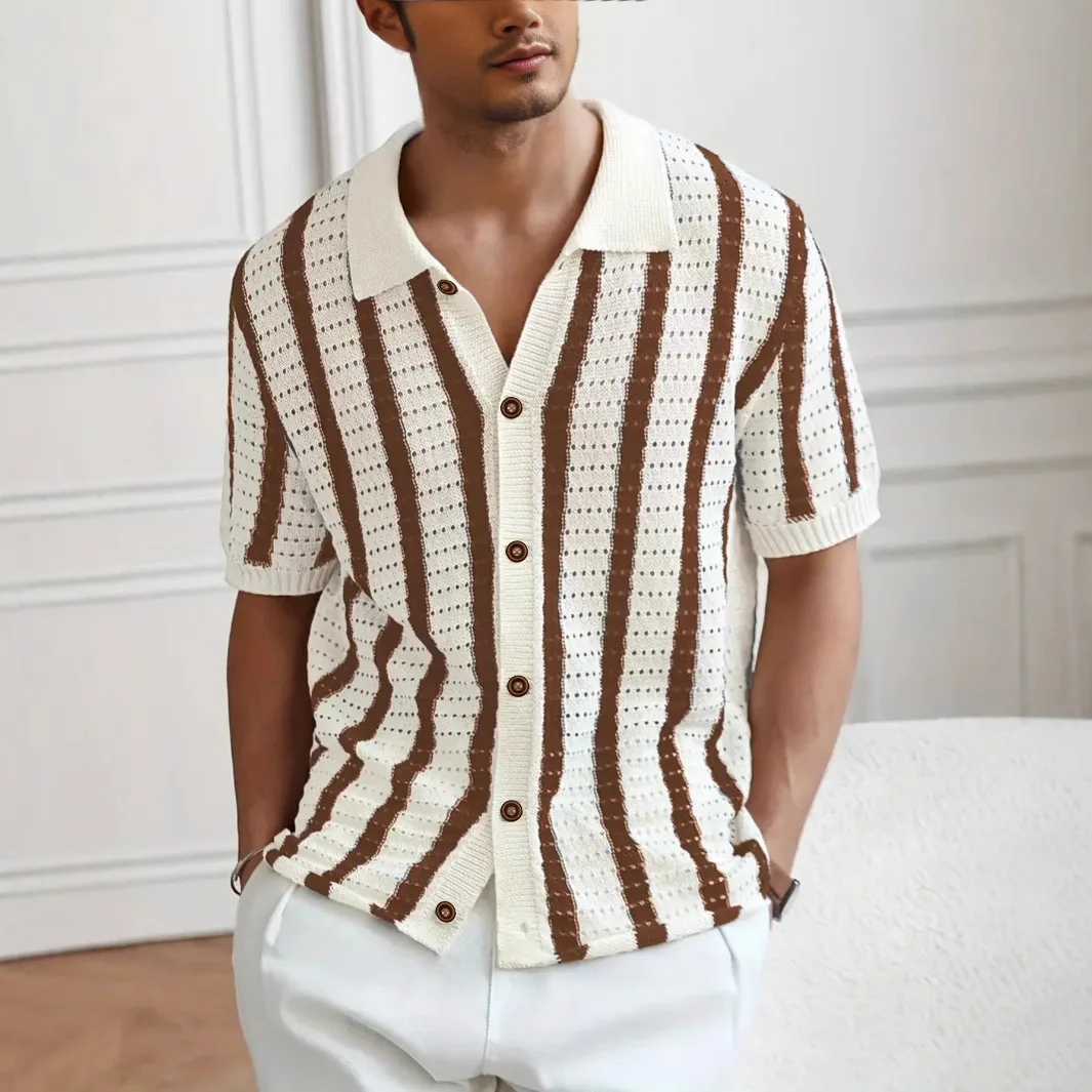 

Summer Hollow Vertical Striped Lapel Sweater Knitted Sweater Short Sleeve T-Shirt Men's POLO Shirt