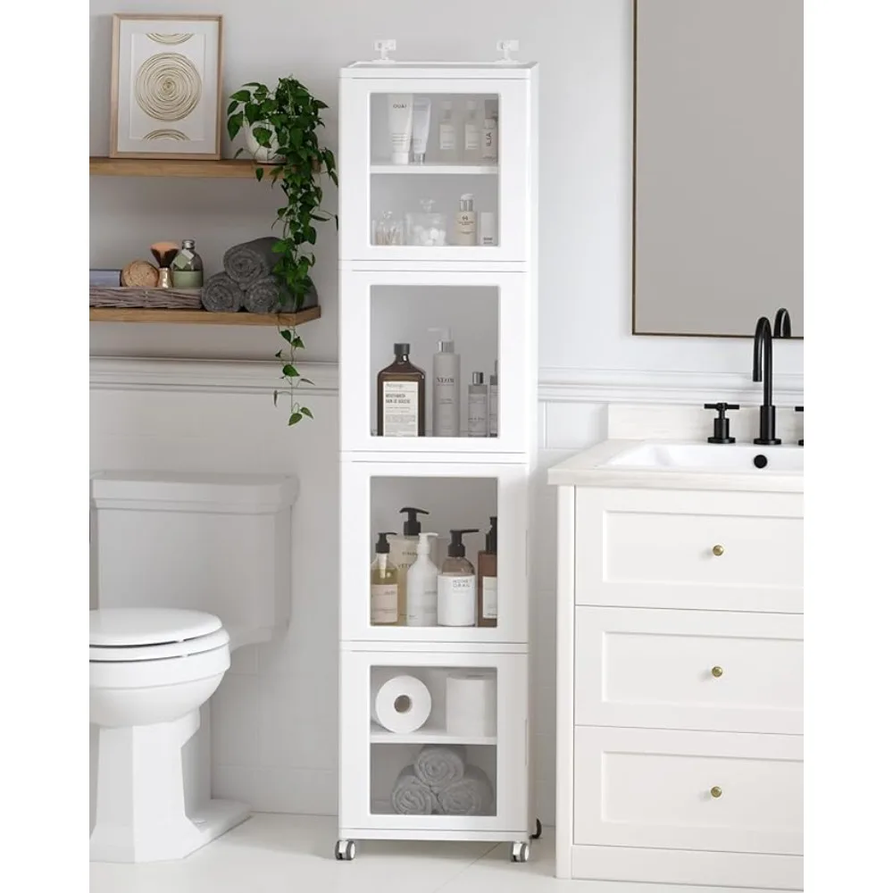 

Tall Slim Plastic Bathroom Storage Cabinet with Wheels Door Shelves, 11.5" D x 15.2" W x 63.2" H, reestanding Narrow Cabiwith An