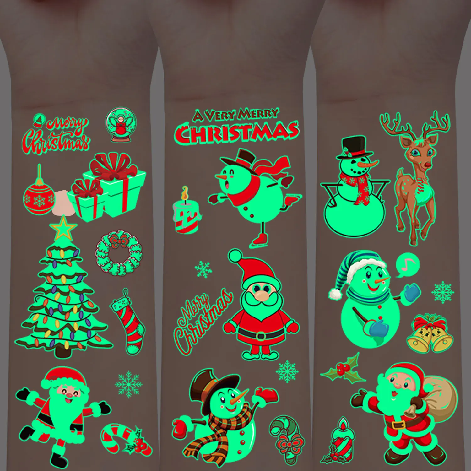 10 ورقات من 92 ملصقات وشم مضيئة بنمط سلسلة عيد الميلاد الكرتونية، وشم مؤقت يتوهج في الظلام، أنماط عنصر عيد الميلاد سانتا كلوز رجل الثلج الأيائل لتزيين عيد الميلاد، ملصقات وشم وهمية واقعية لتزيين عيد الميلاد، مناسبة كهدايا عيد الميلاد