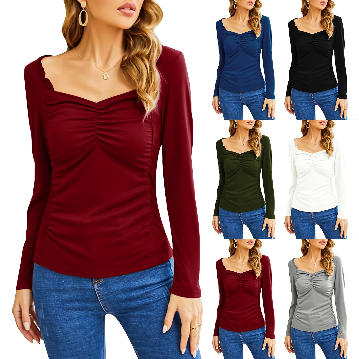 

Autumn and Winter New Women's Square Neck Pleated Slim Long Sleeve Women T-Shirt Top Fashion Commuter Base Tops Female