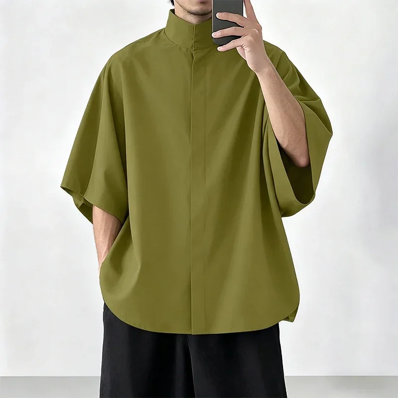 Japanese Style Men Stand Collar Half Sleeve Shirt Loose Oversized Solid Color Hidden Button Casual Blouse Lightweight Streetwear
