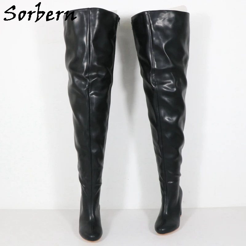 Sorbern Custom Extra Wide Boots Women 8Cm Block Mid Heels Round Toe Chunky Heeled Unisex Mid Thigh Boot Zipper Up