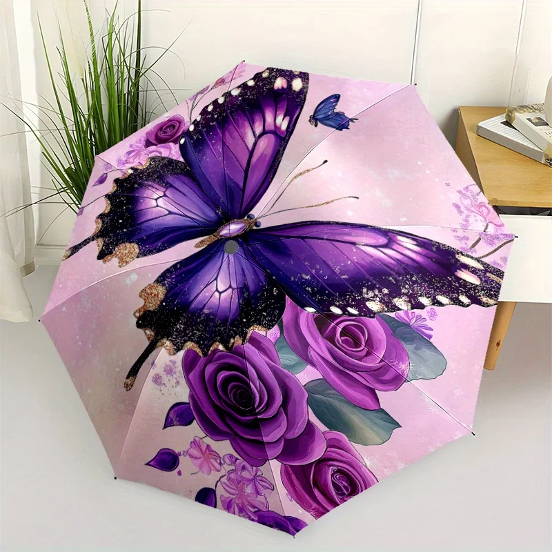 

Фиолетовая бабочка, розы, цветочный фон, блестящие крылья, розовые оттенки. Зонт с тематическим принтом, автоматическим складыванием и... (дополнительные функции/характеристики)