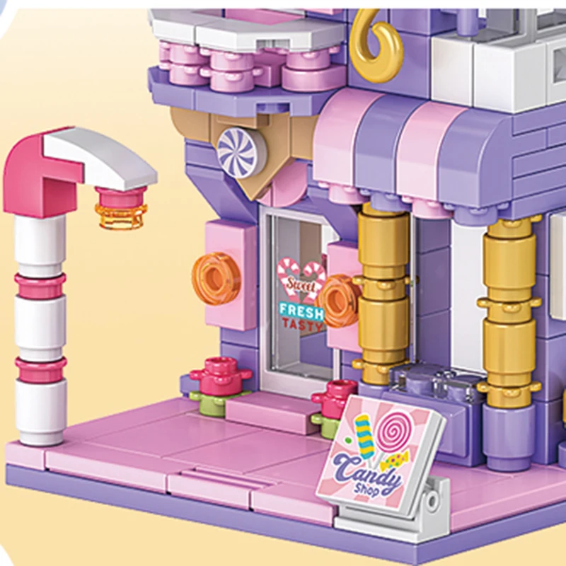 ชุดตัวต่ออาคารเมืองร้านขายลูกอมบ้านขนมปังขิงตกแต่งโต๊ะทำงานของเล่นเด็ก DIY ของขวัญคริสต์มาสและวันเกิด