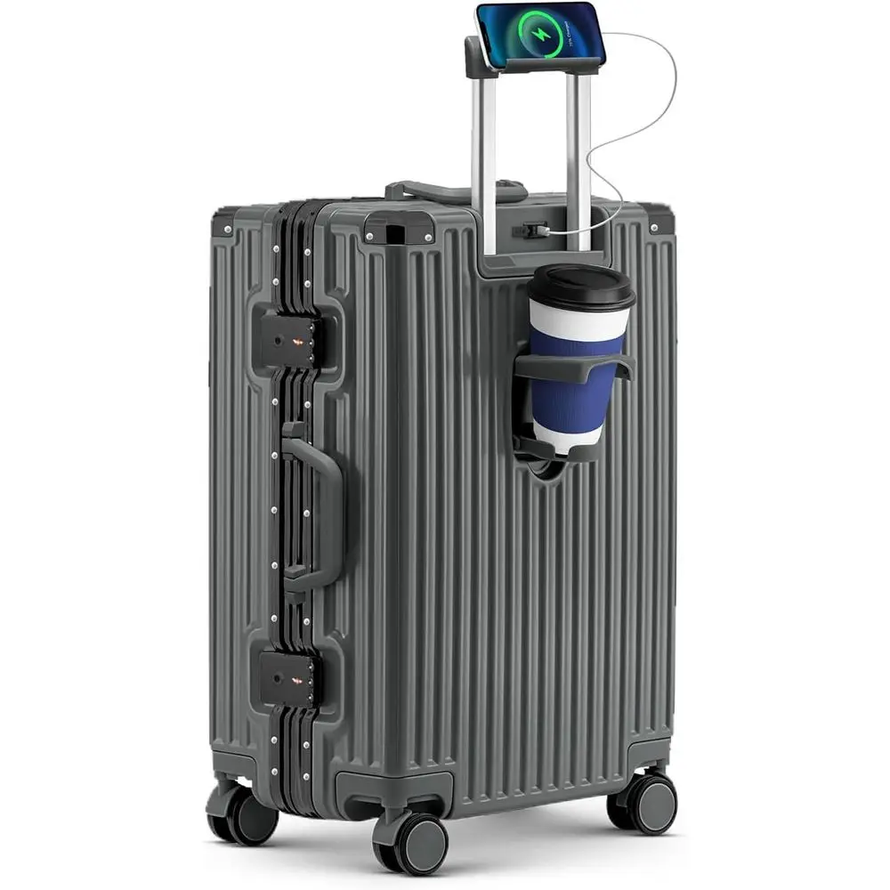 

24-дюймовый легкий дорожный чемодан с замком TSA, вращающимися колесами, карманом, портом для зарядки и держателем для стакана, серый