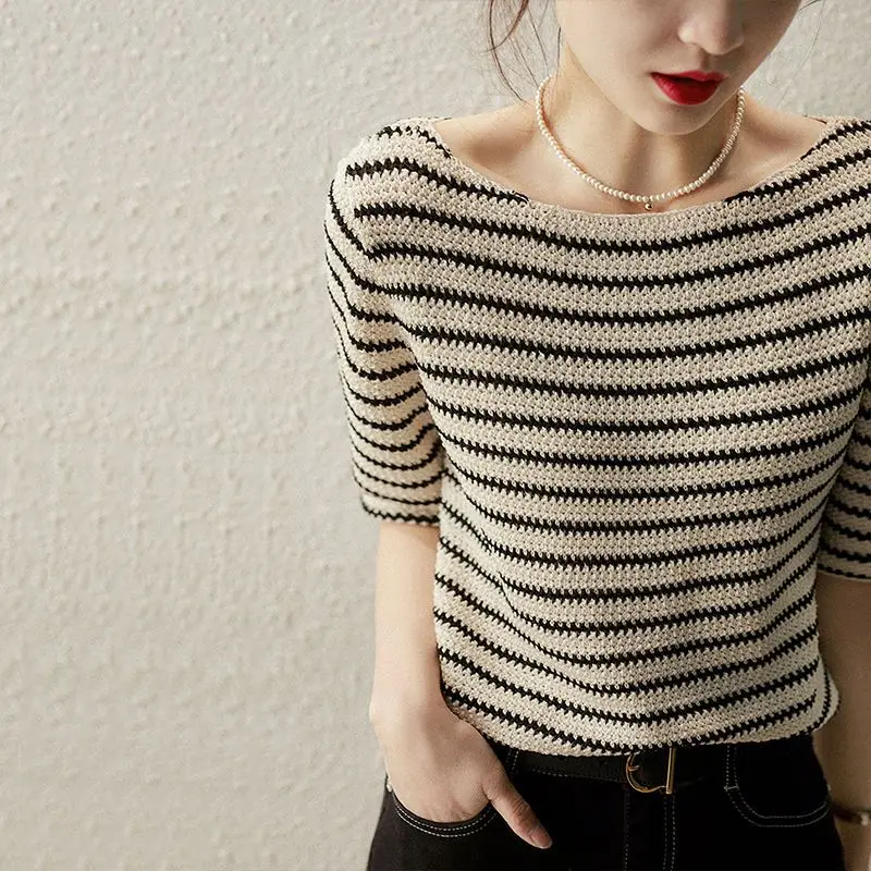 Fashion Slash Neck All-match Knitted Striped Blouse Women\'s Clothing 2023 Spring New Casual Pullovers Half Sleeve Korean Shirt