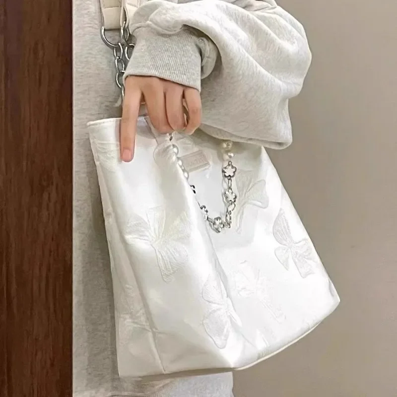 Xiuya White Shoulder Bag for Women Bow Elegant Large Capacity Tote Bag Aesthetic Simple Casual Exquisite Fashion Ladies Handbag