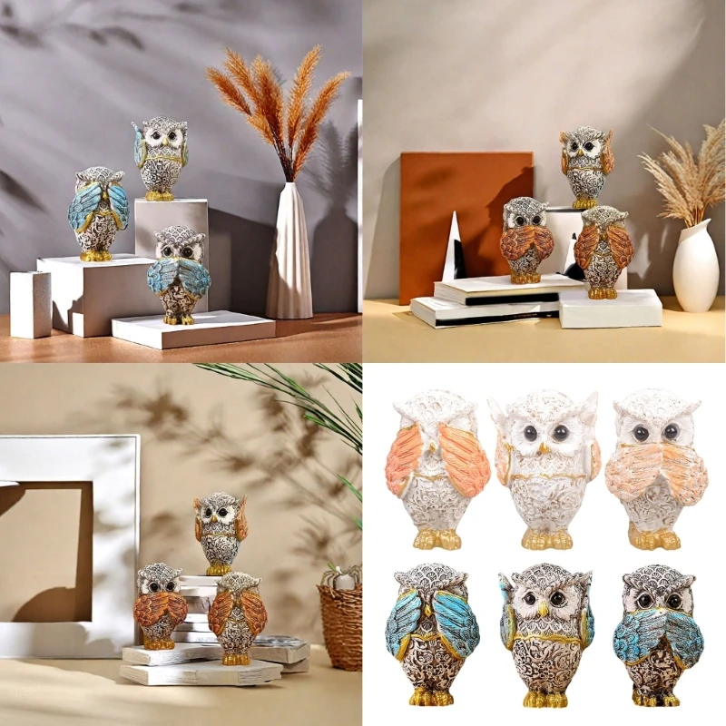 3 Stück Eulenfiguren-Dekorationen, hören Sie nicht sehen, sprechen Sie nicht, Tierskulptur-Ornamente für Wohnzimmer, Büro, Bücherregal-Dekorationen
