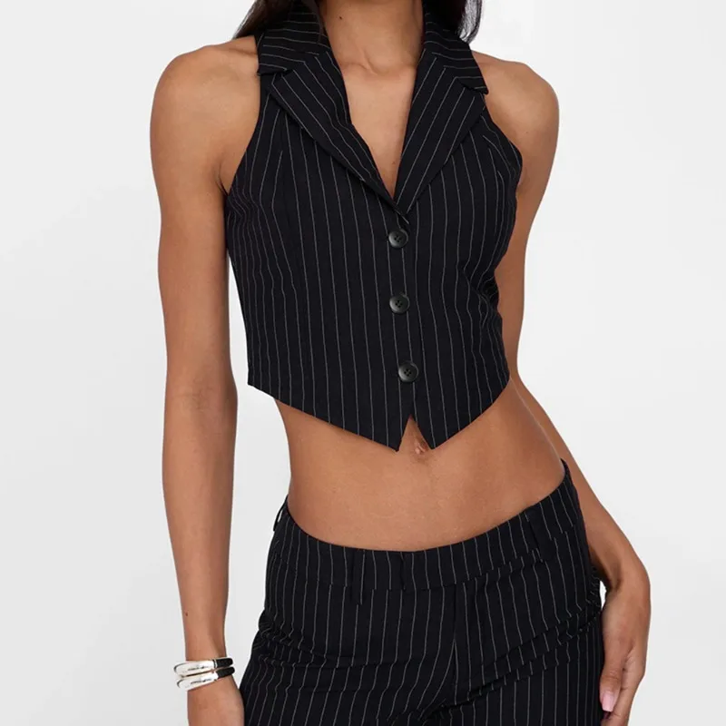 Talenza Weibliche Gestreifte Weste Mode V-ausschnitt Ärmelloses Revers Einreiher Tops Hohe Taille Kurze Dünne Tops Frauen Gestreifte Weste