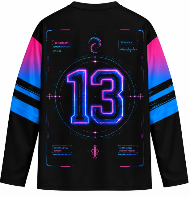 Alien Xenomorph Sci Fi Hockey Jersey Men Women Neon Cyberpunk Print Long Sleeve V Neck Game Movie Fan Jersey