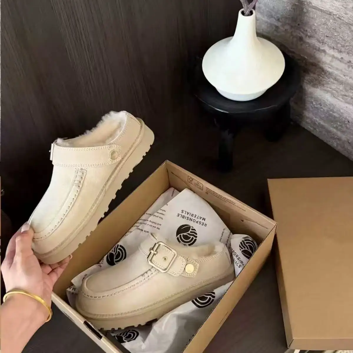 2026 Neue Winter-Hausschuhe aus Schafwolle mit integrierter, dicker Sohle für Damen, Retro-Zehenwickel-Müller-Schuhe für den Außenbereich – Detail 7