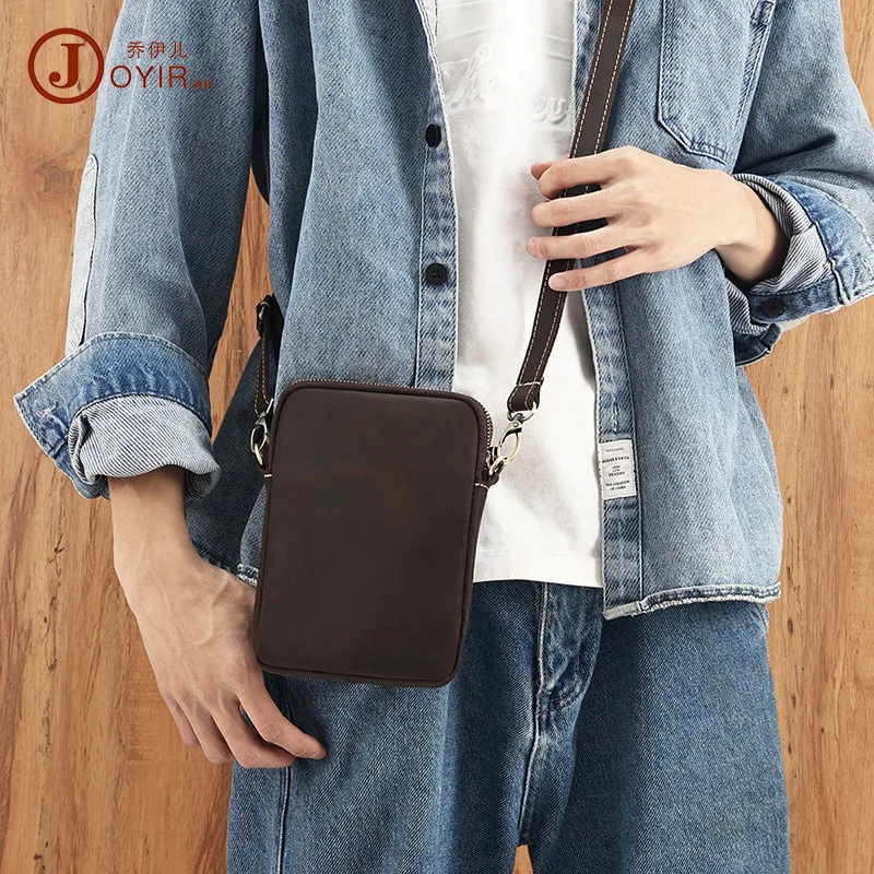 Men's genuine leather crossbody bag, retro square single-shoulder phone bag, commuting crossbody bag