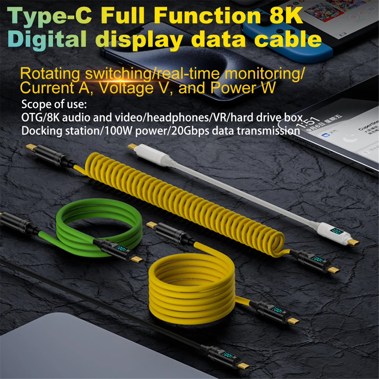 

USB3.2 20 Гбит/с USB C к Type C ThunderBolt 3 Кабель светодиодного дисплея 100 Вт 5A USB-C Шнур для iPhone 15 Pro MacBook Pro Samsung Xiaomi 2M
