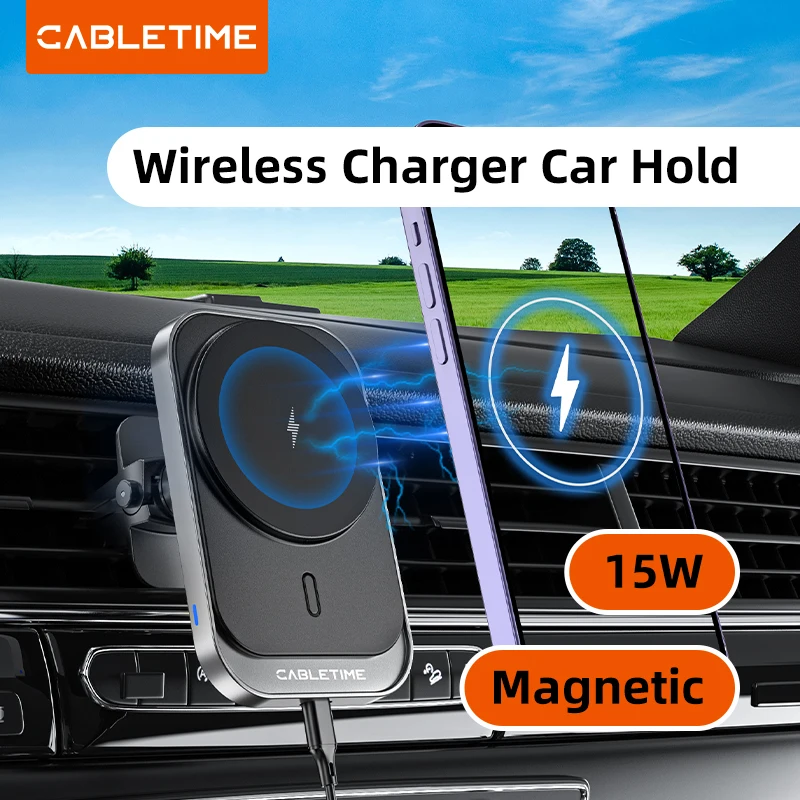 CABLETIME Wireless Charger Car Hold 15W Magnetic Car Chargers High load-bearing Capacity Adjustable for iPhone 16 HUAWEI XIAOMI