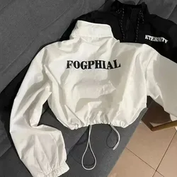 Fashion High Street Crop Coats Female Chic Drawstring Jackets Crop Tops Women's Spring Summer Jacket Stand Collar White Ladies