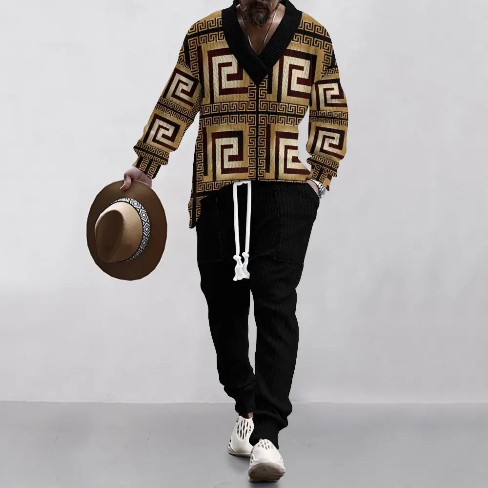 

2024 Men's Autumn Winter New Fashion American Casual Daily Versatile V-neck Comfortable Weight 3D Unique Printing Two-piece