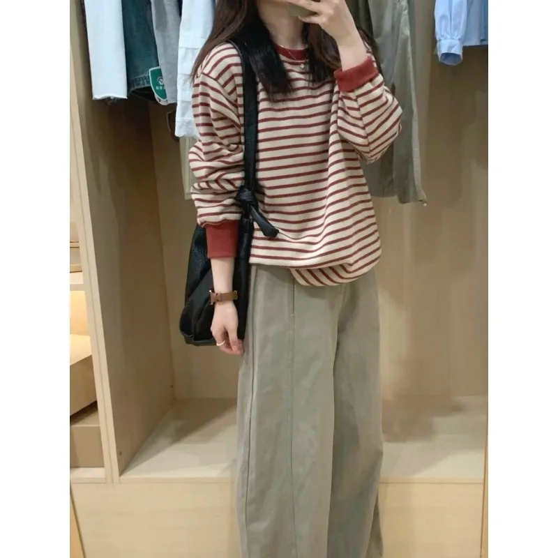 Women Korean Style Contrast Color Stripe Crew Neck Sweatshirt Autumn Winter Loose Fleece Warm Commuter Pullover Tops S 3XL