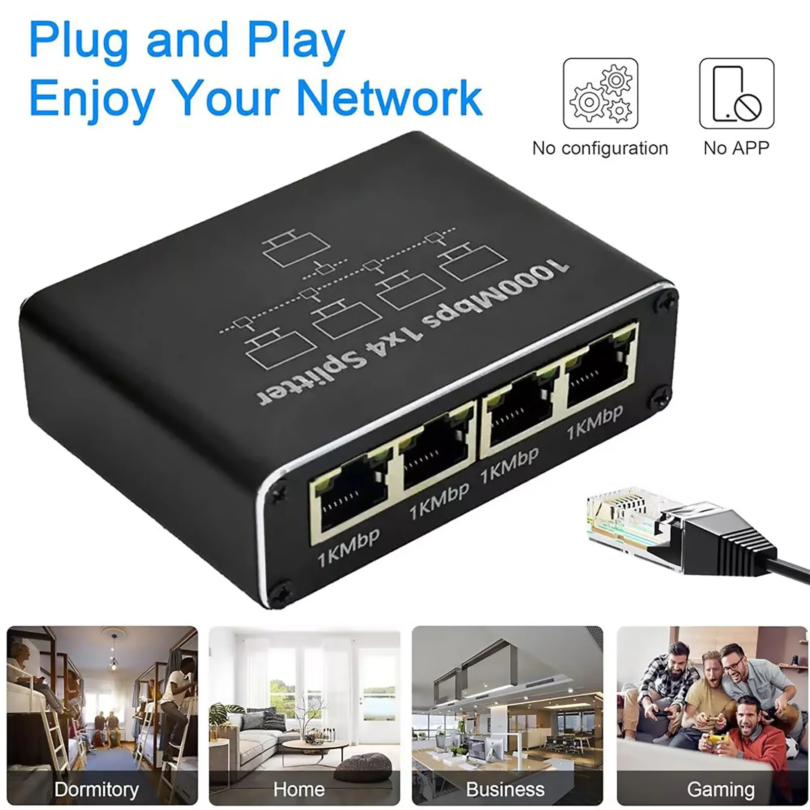 Gigabit RJ45 Network Splitter 1000Mbps 1 to 4 Ways Lan Ethernet Splitter 1Gb Network Coupler 4 Devices Online Simultaneously