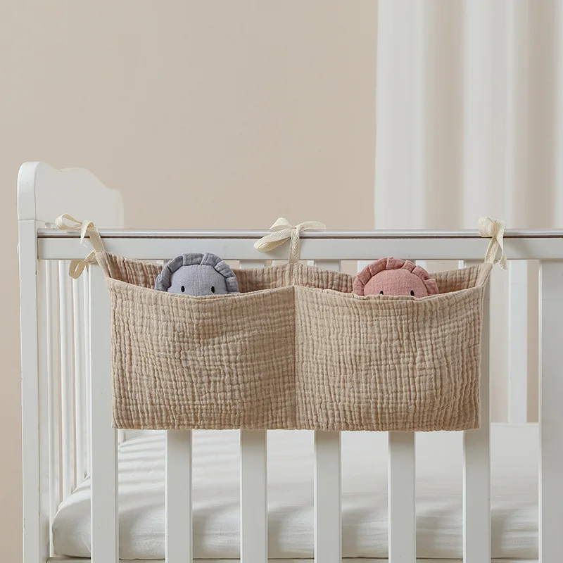 Tas penyimpanan gantung samping tempat tidur bayi, Organizer 2 saku untuk bayi dan mainan gantung pengatur popok bayi