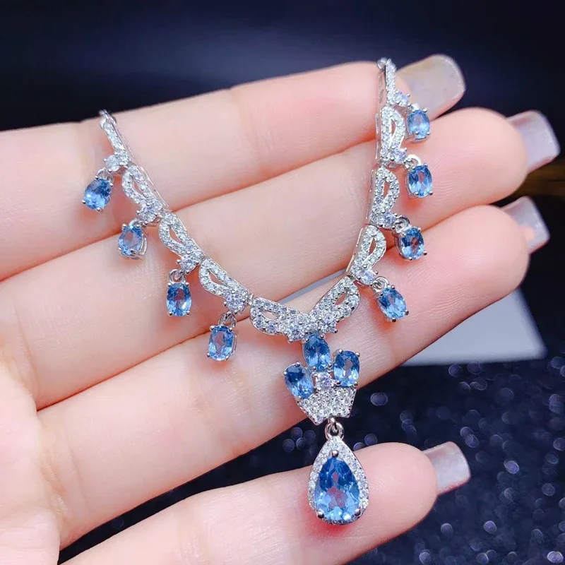 

Aquamarine Gemstones Diamonds Blue Crystal Crown Luxury Pendant Necklaces for Women