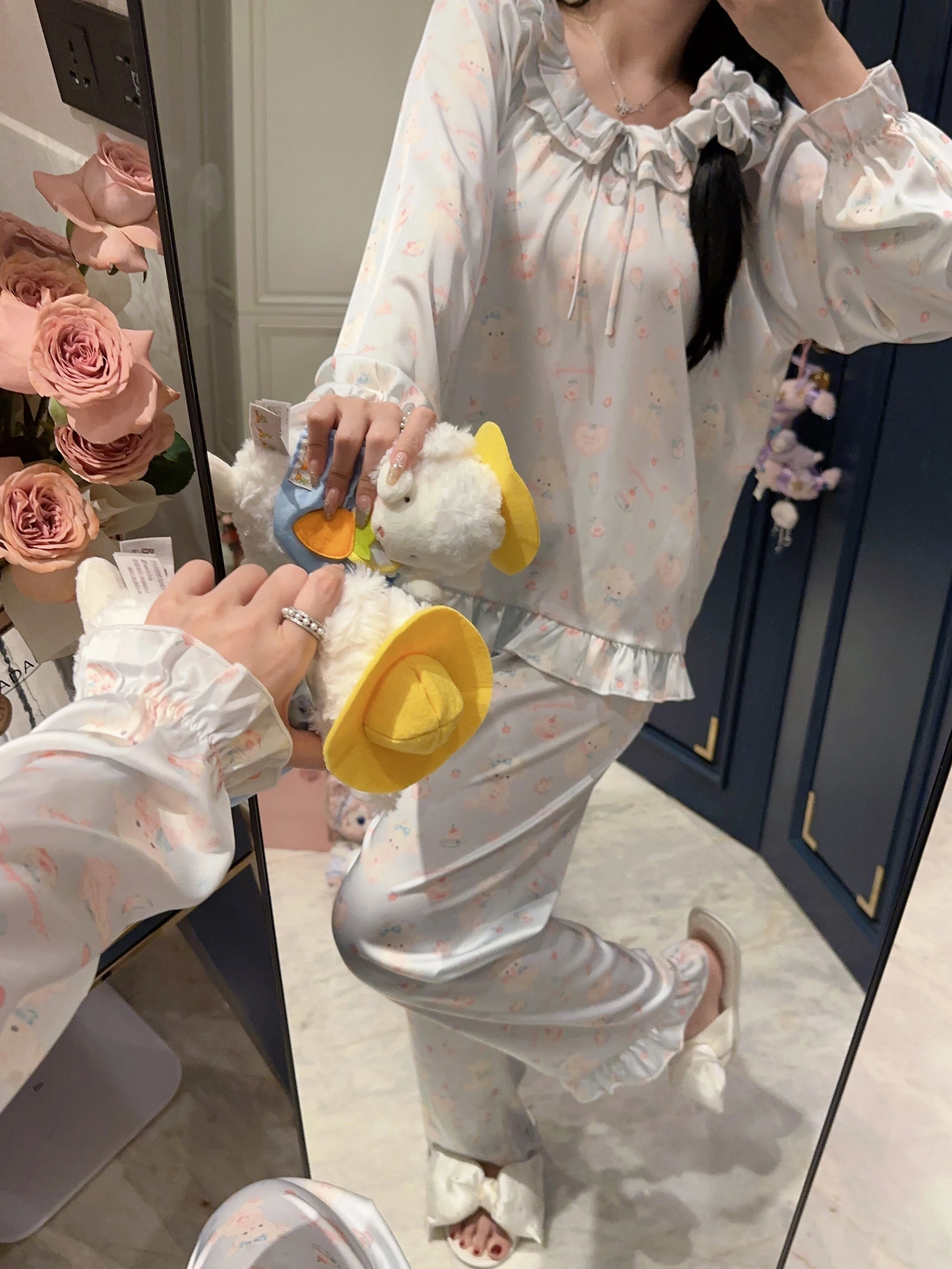 Cute Sweet Girl Japanese Original Satin Ice Silk Pajamas Long Sleeves Doll Collar Cartoon Print Long Sleeves Cool Loungewear