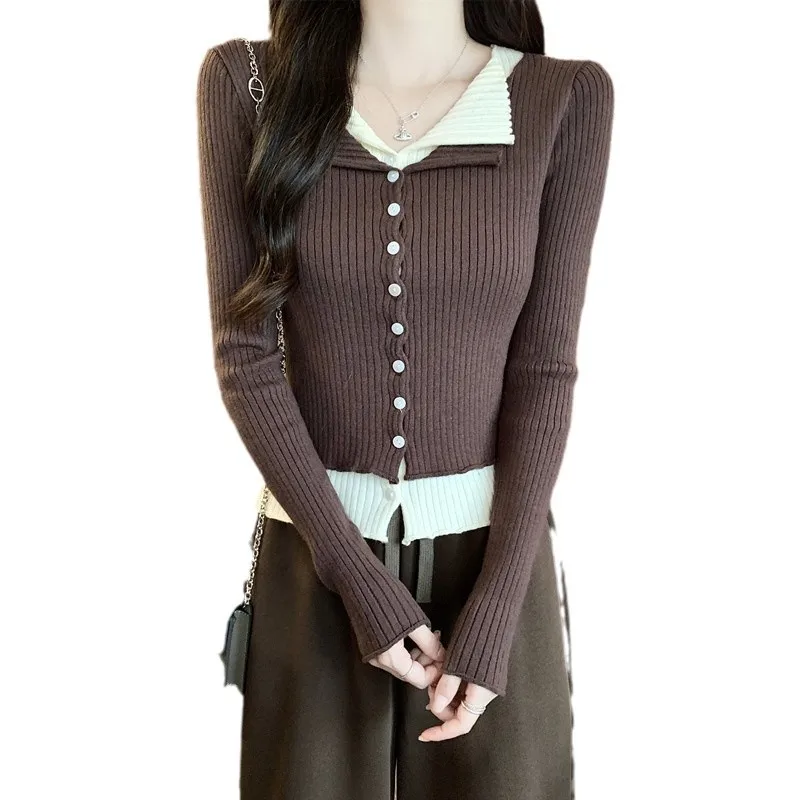 เสื้อสเวตเตอร์คอวีแขนยาวสองชั้นทรงเข้ารูป สไตล์เริ่มต้นฤดูใบไม้ร่วง พร้อมเสื้อซับใน ปี 2025