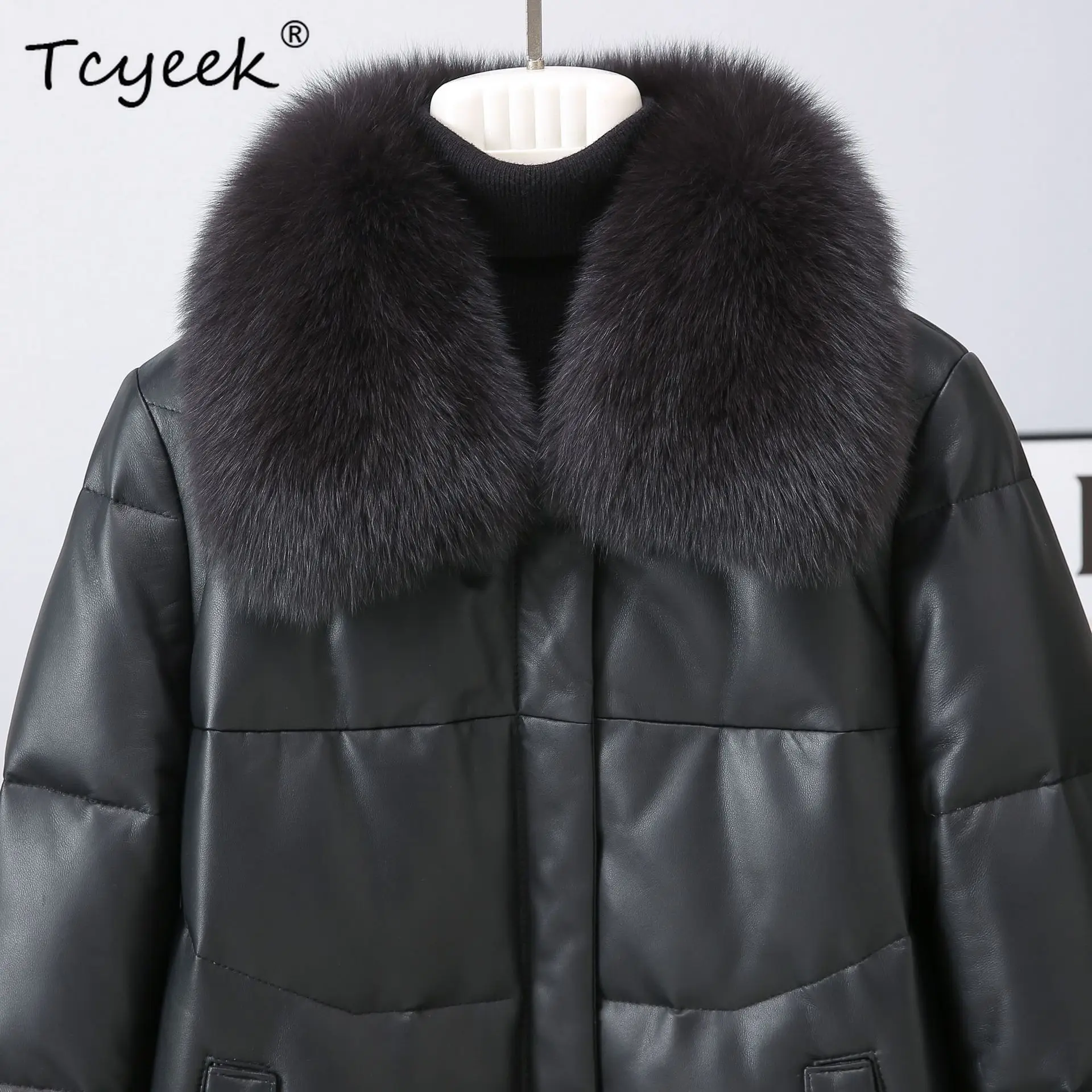 Tcyeek جلد طبيعي أسفل سترة النساء الملابس الشتوية معطف جلد الغنم الحقيقي امرأة أوزة أسفل معاطف الثعلب الفراء طوق جديد في معاطف