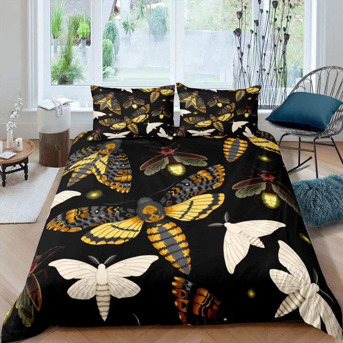 Moth Duvet Cover Set Butterfly Bedding Set Queen Size Geometric Comforter Cover Halloween Quilt Cover for Kids Boys Girls Teens