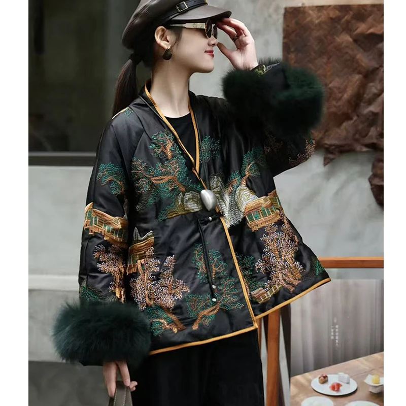 

Winter New Chinese Style V-neck Retro Embroidery Long Sleeve Splicing Contrast Color Hairy Cuffs Women's White Goose Down Coat