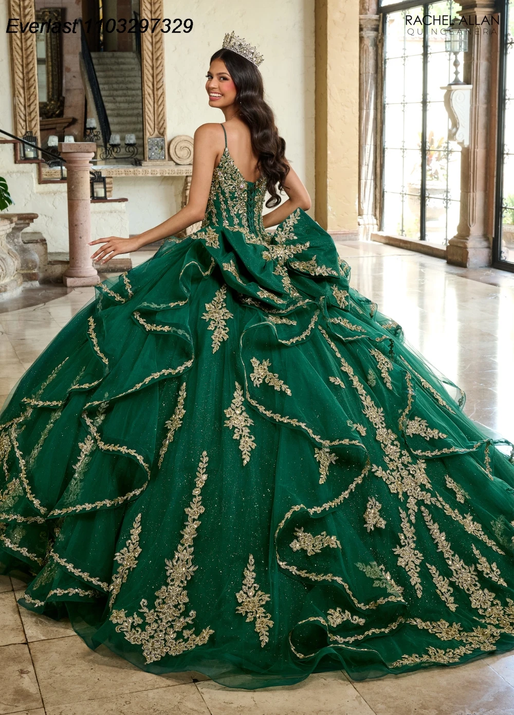 EVLAST-Robe de RhQuinceanera verte à paillettes, appliques en dentelle dorée, poignées perlées, manches amovibles, Sweet 16, TQD437