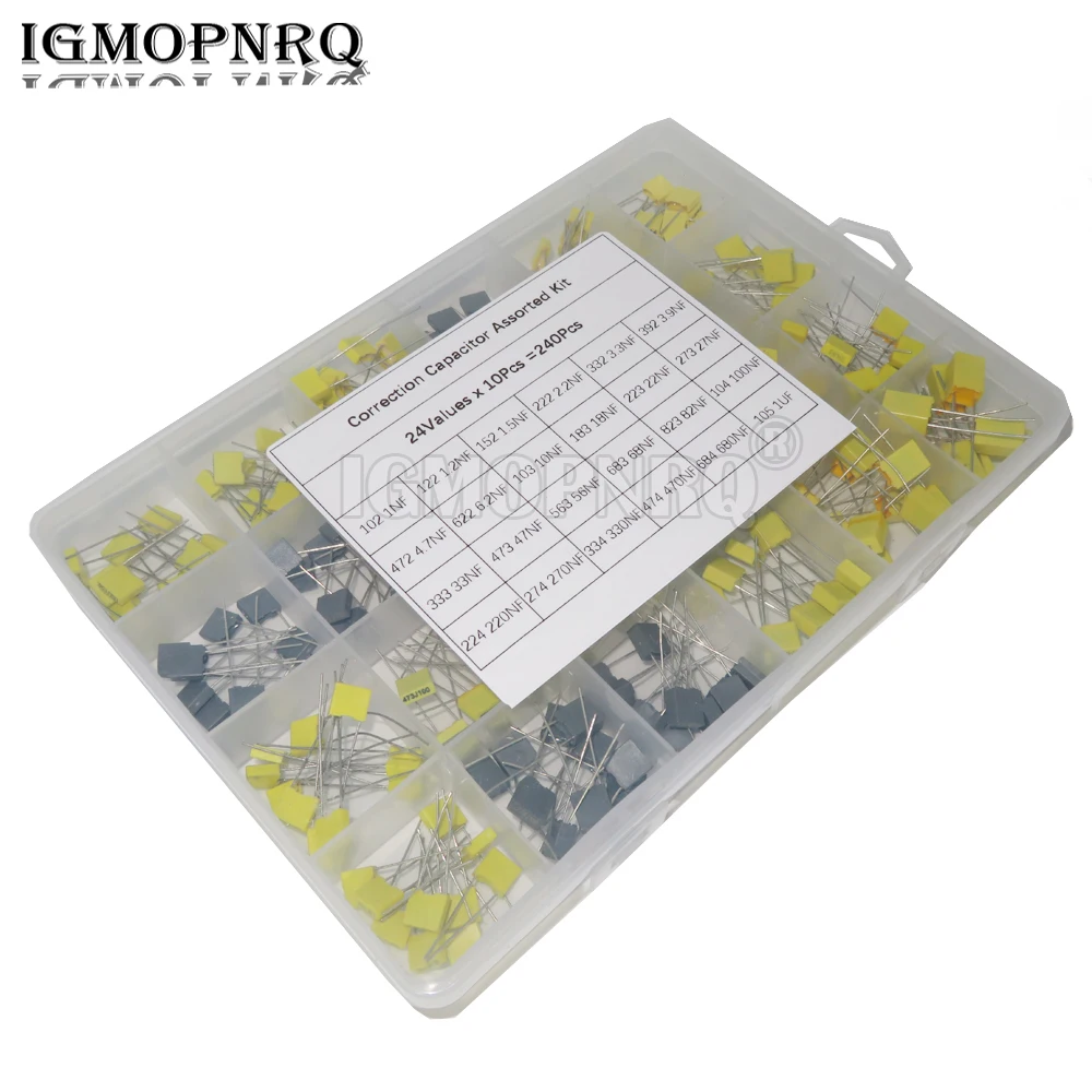 240PCS/Set 24 Values*10Pcs Correction Capacitor Assorted Kit 102J-105J Polypropylene Safety Plastic Film Capacitors 63V-100V
