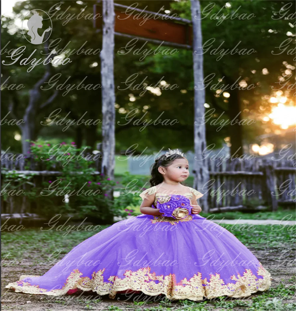 Vestidos de menina de flor de concurso de apliques de renda dourada para casamento mangas completas apliques de renda princesa vestido de primeira comunhão para crianças