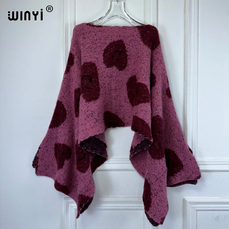 WINYI winter print knitt dress fashion cape Holiday dress Elegant party winter ponchos for women loose cloak boho women clothing