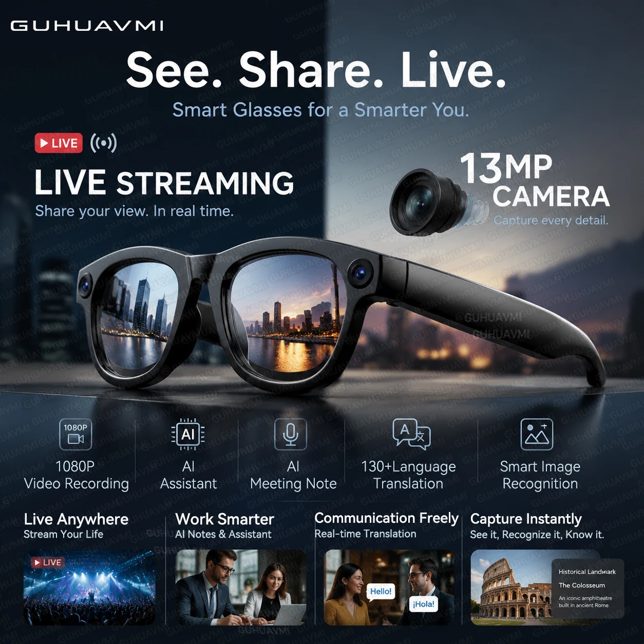 2026 HD 13MP Anti-shake Camera Smart Glasses With Live Stream Audio&Video Translation AI Assistant 1080P Video Recording Glasses