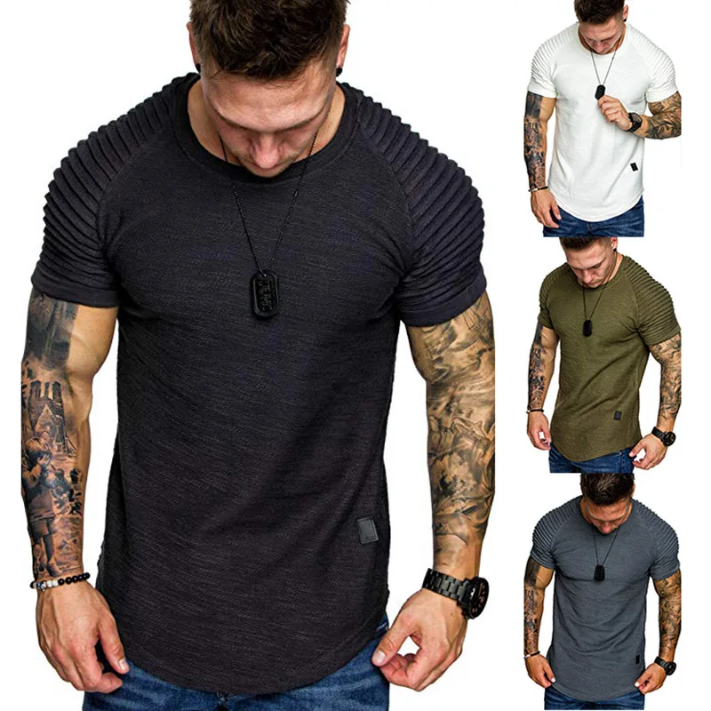 New summer crew-neck slim-fit pleated casual short-sleeved youth fashion base shirt men\'s sports shoulder sleeve top