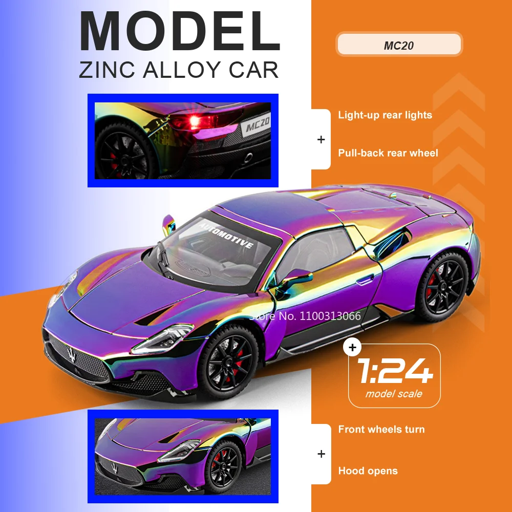 

1:24 MC20 720S Sports Cars Alloy Diecast Toys Model Doors Opened Pull Back Sound Light Shock Absorption Vehices Room Decorations