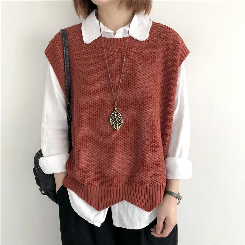 One Size Knitted Vest Women\'s Sleeveless Vest Round Neck Early Autumn Irregular Pullover Top Layered Over Western Style Sweater